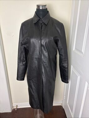 Vintage Women Black Leather Trench Coat - Sleek Longline Overcoat